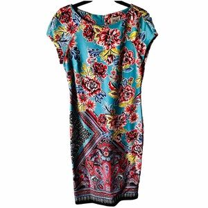 Beige by eci Blue Multi-color Floral Stretch Knit Light Scuba Work Dress Size 6